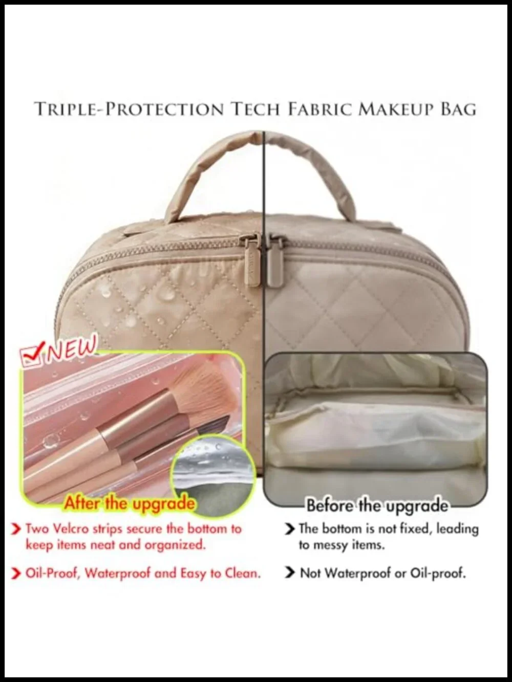 Quilted Cosmetic Bag 180° Lay-Flat Waterproof Travel Makeup Toiletry Organizer